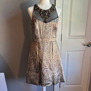 Badgley Mischka Gold Brocade Alligator Metallic Textured Mini Dress